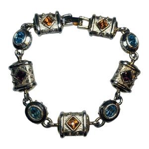 Womens Multicolored Faceted Rhinestone Gold Tone Station Vintage Tennis Bracelet